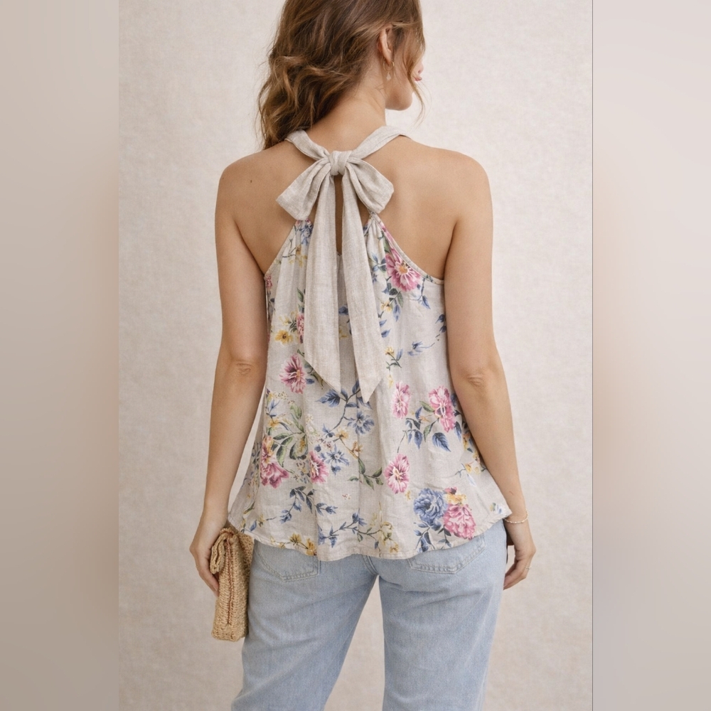 Women's Halter Top 100% Linen Floral Tie Back Boho Cottagecore S Loose Fit Sexy